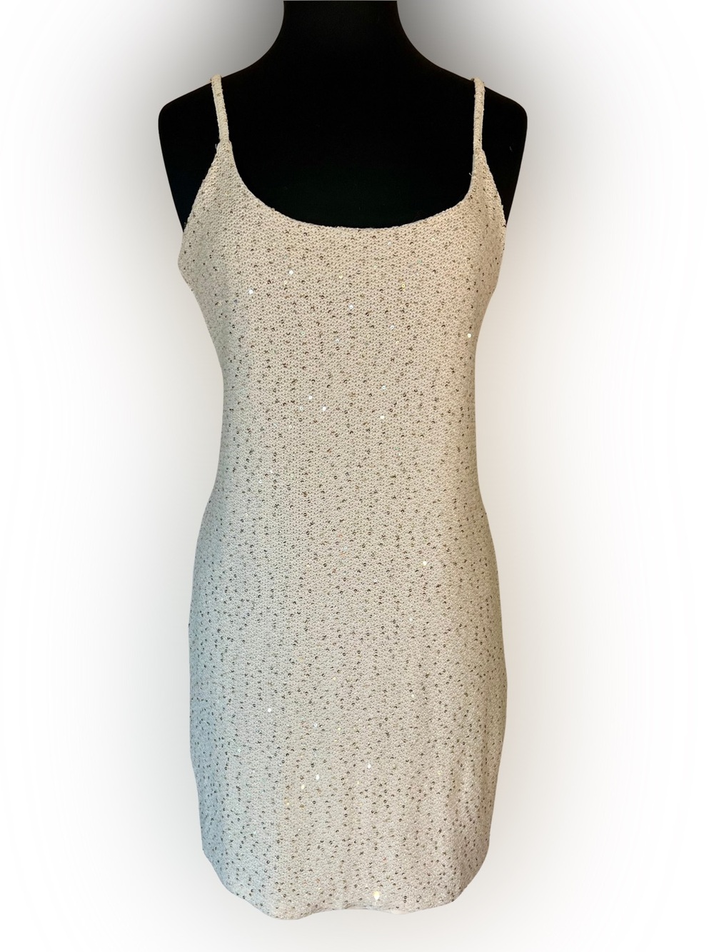 Off White Cream with Gold Sequin Spaghetti Strap Stretch Mini MNG Mango Dress